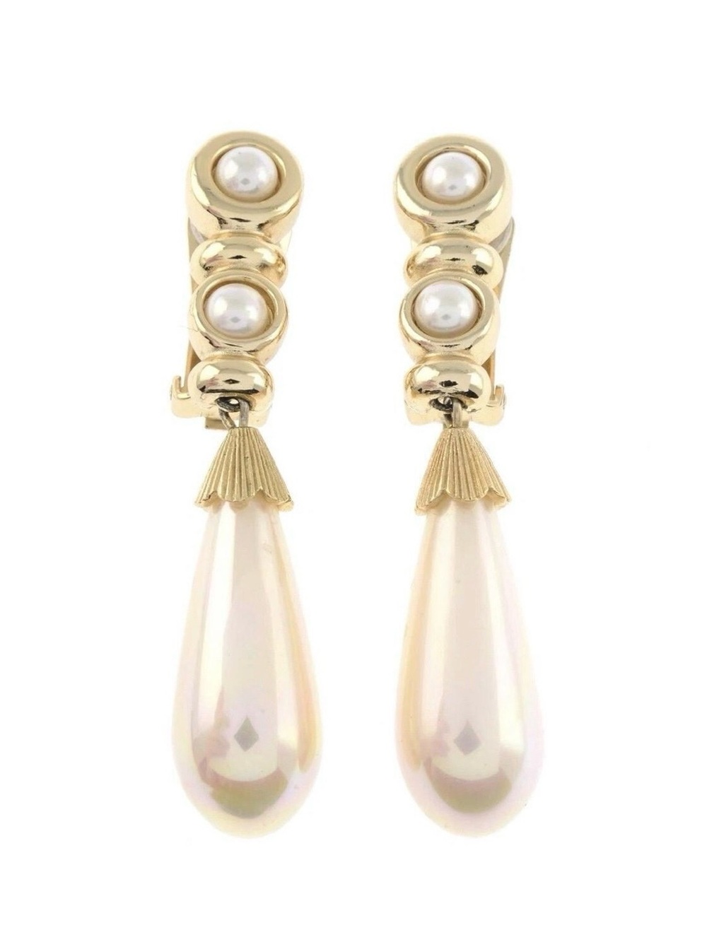 Authentic Vintage Dior Long Teardrop Pearl Drop Dangle Gold Clip-On Earrings - Picture 3 of 7